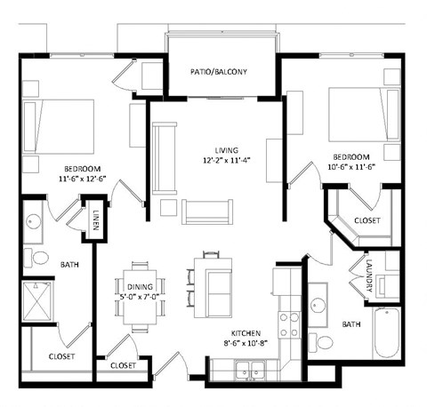 2 Bedroom E SIM Floor Plan at Two Points Crossing, Madison, WI